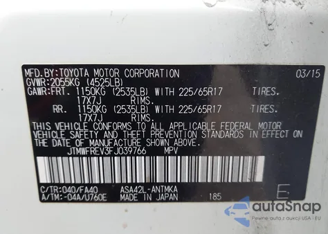 2015 Toyota Rav4 Xle from USA, damaged, VIN JTMWFREV3FJ039766